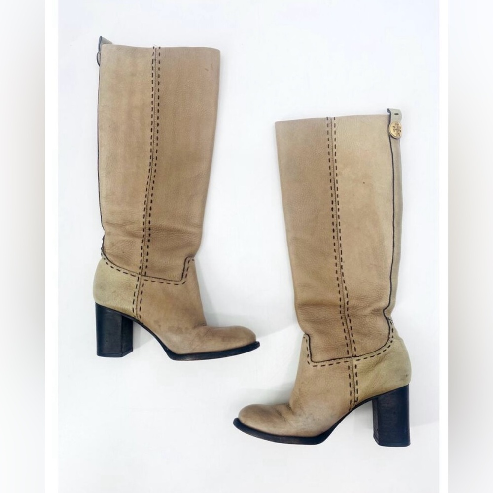 Tory Burch Cream Tan Stitch Knee High Calf Boots